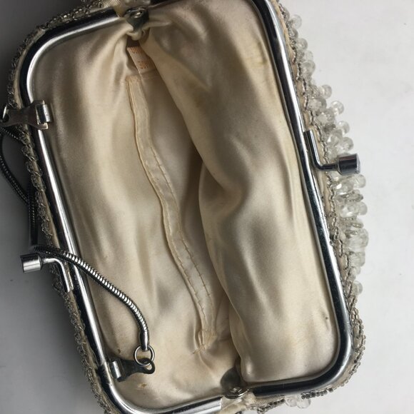 Vintage Beaded Sequin Clutch Evening Bag Wedding Snap White Made Hong Kong Purse - Picture 16 of 16